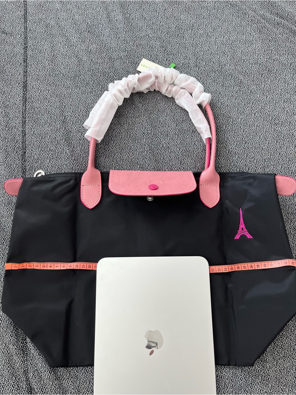 Longchamp Black Tote with Pink Leather Trim and Pink Eiffel Accent